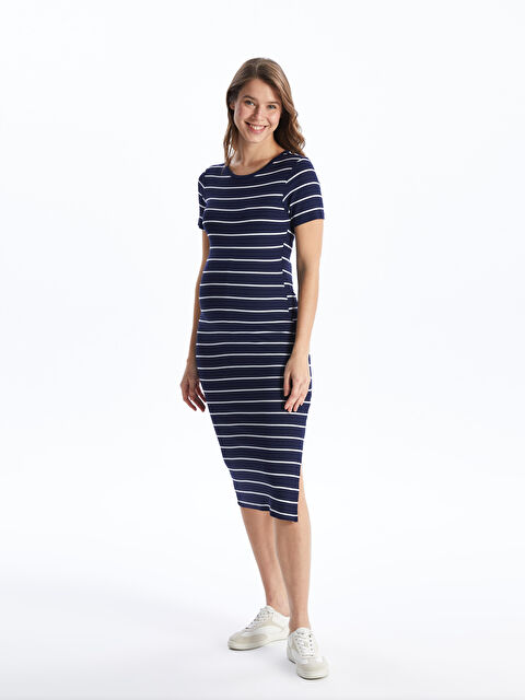 LCWAIKIKI Maternity Bisiklet Yaka Çizgili Kısa Kollu Hamile Elbise - S4H905Z8-LGS