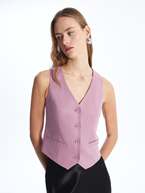 LCW Vision V-Neck Plain Linen Blend Women's Classic Vest - S4HI55Z8-GHT