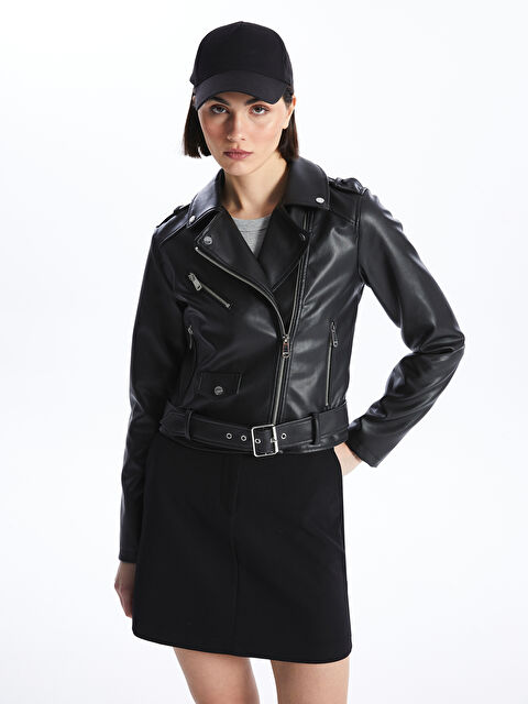 LCW Vision Kadın Biker Yaka Düz Deri Görünümlü Mont - S4HI66Z8-CVL