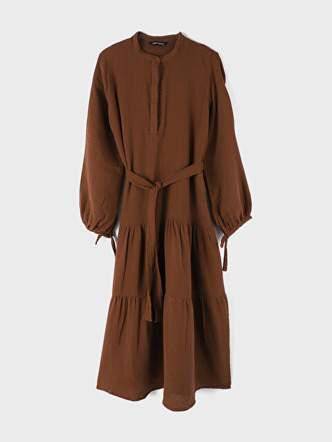 LCW Modest Women's Grandad Collar Plain Long Sleeve Long Dress - S4HM68Z8-VDP