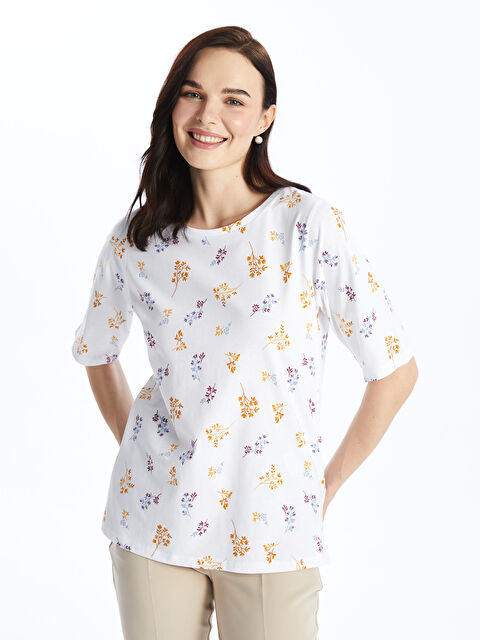 LCW Grace Кръгло деколте С шарки Къс ръкав Тениска за жени - S4HN33Z8-LU7