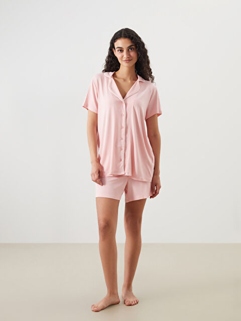 LCW DREAM Gömlek Yaka Düz Kısa Kollu Kadın Şortlu Pijama Takımı - S4HR61Z8-G1W