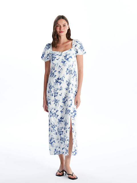 LCW Vision Kalp Yaka Çiçekli Kısa Kollu Keten Karışımlı Kadın Elbise - S4HV58Z8-LRA