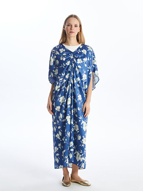 LCW Modest V Yaka Çiçekli Oversize Saten Elbise - S4HY31Z8-LQQ