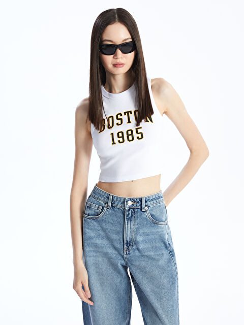 LC WAIKIKI Bisiklet Yaka Baskılı Kadın Crop - S4I344Z8-Q6K