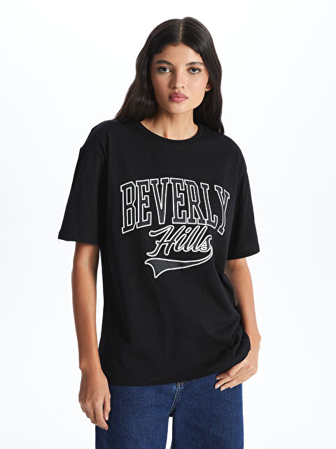 LC WAIKIKI Bisiklet Yaka Baskılı Kısa Kollu Oversize Kadın Tişört - S4I367Z8-CVL