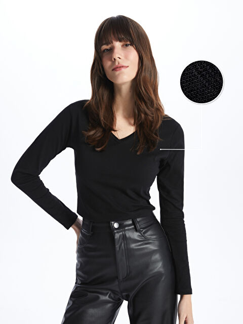 LC WAIKIKI V Yaka Düz Uzun Kollu Kadın Tişört - S4I369Z8-CVL