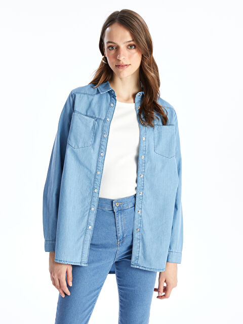 LCW Grace Gömlek Yaka Düz Uzun Kollu Kadın Jean Tunik - S4I816Z8-563