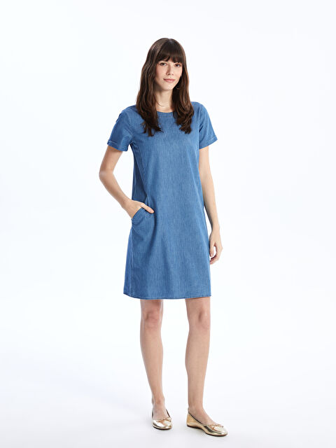 LCW ECO Crew Neck Plain Short Sleeve Women's Denim Dress - S4I836Z8-563