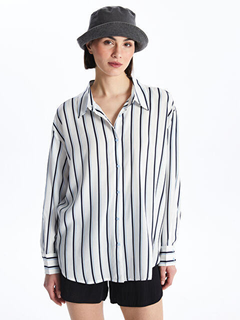 LC WAIKIKI Çizgili Uzun Kollu Oversize Kadın Gömlek - S4IE28Z8-LEN