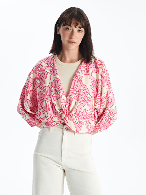 LCW Vision Блузка Женская Кроп Узорчатая С V-образным Вырезом - S4II98Z8-LT9