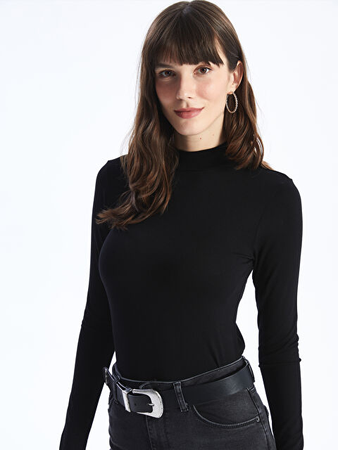 LCWAIKIKI Basic Dik Yaka Düz Uzun Kollu Kadın Tişört - S4IK65Z8-CVL