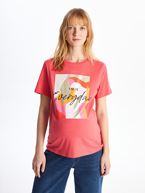 LCW Comfort Bisiklet Yaka Baskılı Kısa Kollu Hamile Tişört - S4IM58Z8-V8S