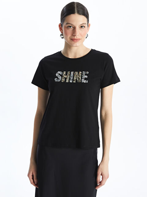 LCWAIKIKI Basic Crew Neck Sequined Short Sleeve Women's T-Shirt - S4IN13Z8-CVL