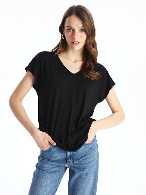 LCWAIKIKI Basic V-Neck Plain Short Sleeve Women's T-Shirt - S4IO11Z8-CVL