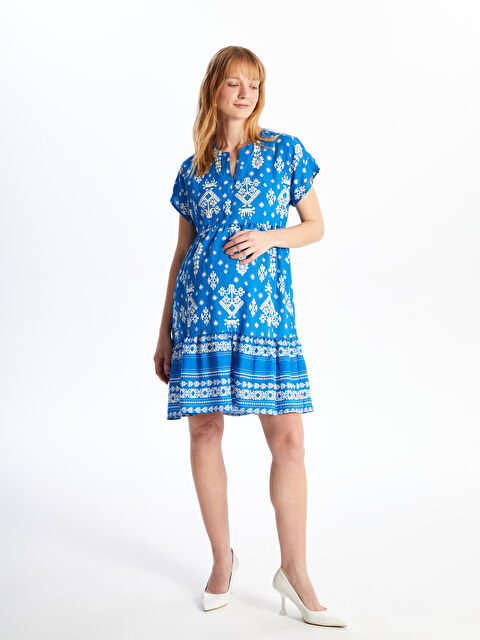 LCWAIKIKI Maternity Kaçık Yaka Desenli Kısa Kollu Hamile Elbise - S4J120Z8-LQQ