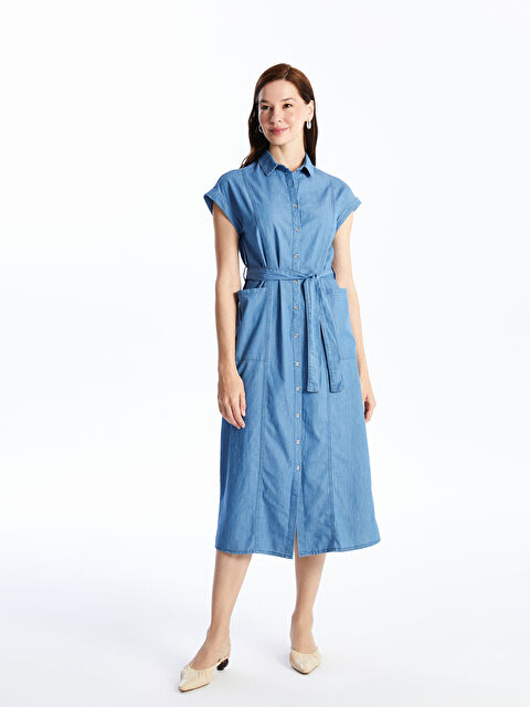 LCW Grace Gömlek Yaka Düz Kısa Kollu Kadın Jean Elbise - S4J958Z8-563