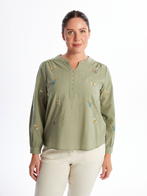 LCW Grace Notch Neck Embroidered Long Sleeve Women's Blouse - S4JB26Z8-FJY