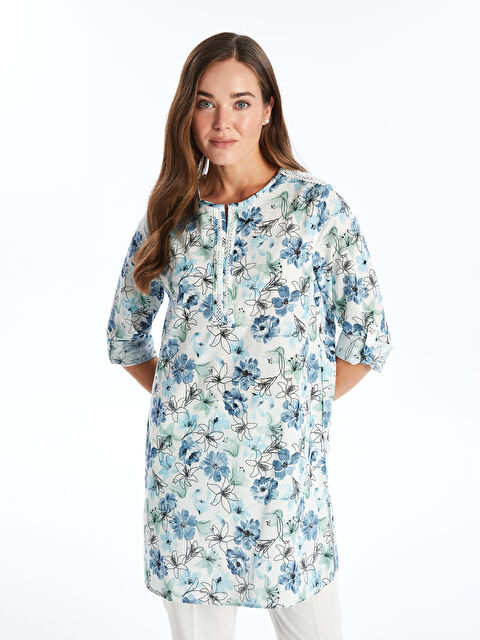LCW Grace Notch Neck Floral Long Sleeve Women's Tunic - S4JB35Z8-LRA