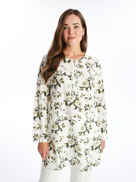 LCW Grace Notch Neck Floral Long Sleeve Women's Tunic - S4JB35Z8-SWC