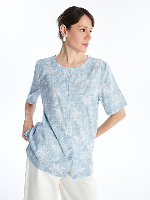 LCW Grace Crew Neck Floral Short Sleeve Linen Blend Women's Blouse - S4JB36Z8-LQK