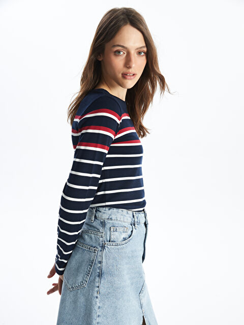 LCWAIKIKI Basic Bisiklet Yaka Çizgili Uzun Kollu Kadın Tişört - S4JL45Z8-LGS