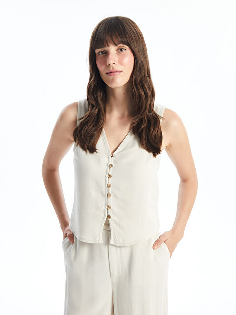 LCW Vision V Yaka Düz Keten Karışımlı Kadın Klasik Yelek - S4JO65Z8-VL2