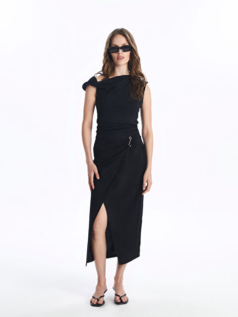 LCW Vision Beli Fermuarlı Düz Keten Karışımlı Kadın Etek - S4JP69Z8-CVL