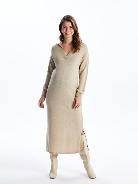 LCWAIKIKI Maternity Polo Yaka Düz Uzun Kollu Hamile Triko Elbise - S4JR15Z8-EEW