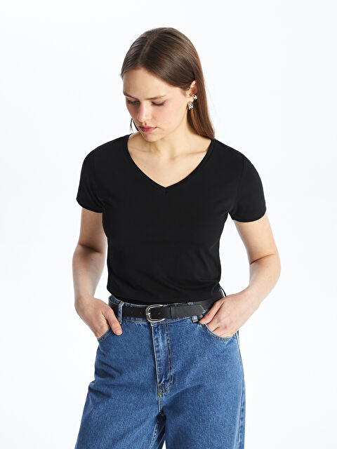 LC WAIKIKI V Yaka Düz Kısa Kollu Kadın Tişört - S4JS29Z8-CVL