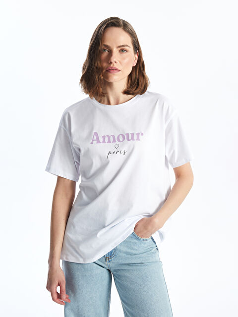 LC WAIKIKI Bisiklet Yaka Baskılı Kısa Kollu Kadın Tişört