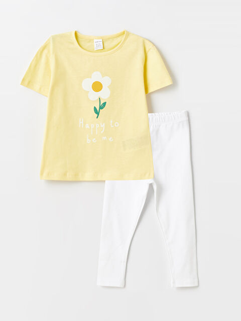 LCW baby Bisiklet Yaka Kısa Kollu Çiçekli Kız Bebek Tişört ve Tayt 2'li Takım - S4K373Z1-FSG