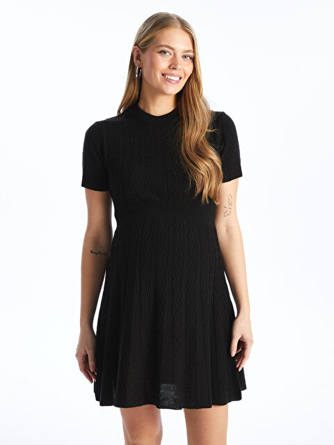 LCWAIKIKI Maternity Bisiklet Yaka Kendinden Desenli Kısa Kollu Hamile Triko Elbise - S4K510Z8-CVL