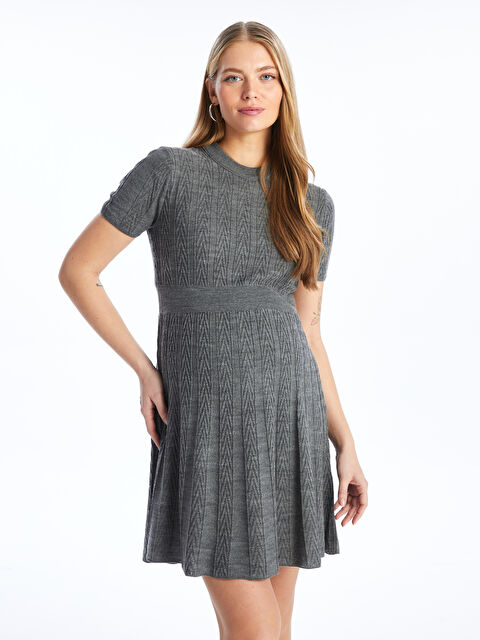 LCWAIKIKI Maternity Bisiklet Yaka Kendinden Desenli Kısa Kollu Hamile Triko Elbise - S4K510Z8-YFC