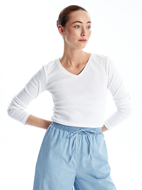 LCWAIKIKI Basic V Yaka Düz Uzun Kollu Kadın Tişört - S4K652Z8-Q6K