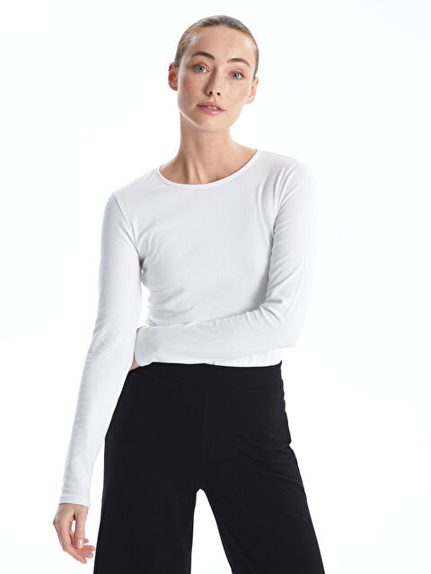 LCWAIKIKI Basic Bisiklet Yaka Düz Uzun Kollu Kadın Tişört - S4K765Z8-Q6K