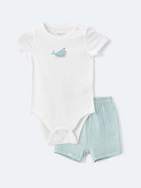 LCW baby ياقة دائرية كم قصير مطبوع للأولاد الرضع بودي سوت بسحاب وشورت طقم من قطعتين - S4K862Z1-FDU