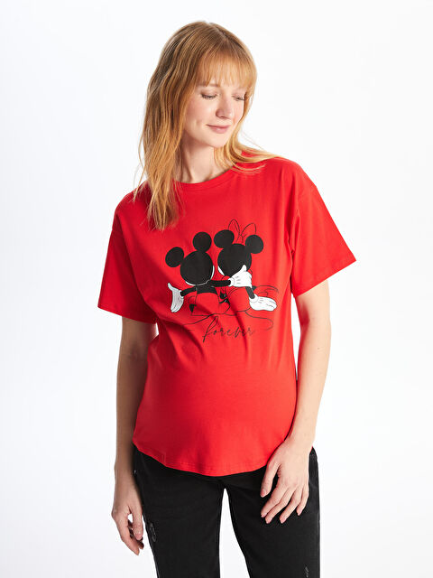 LCWAIKIKI Maternity Bisiklet Yaka Mickey ve Minnie Mouse Baskılı Kısa Kollu Hamile Tişört - S4K905Z8-GZX