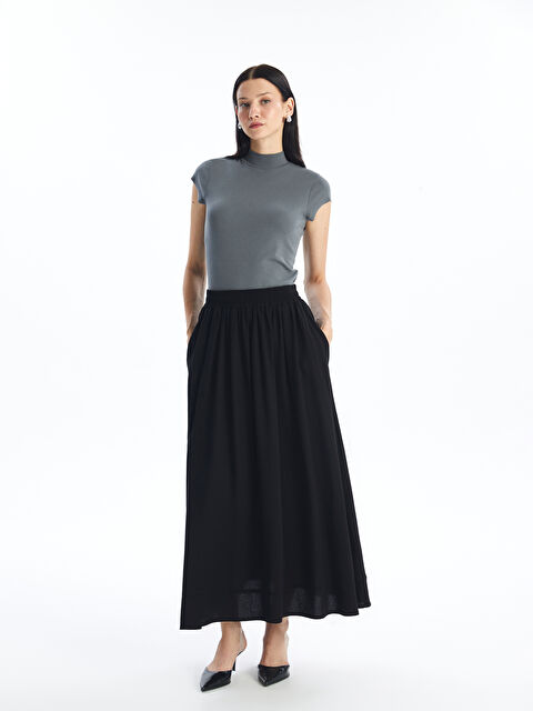 LCW Modest Beli Lastikli Düz Keten Karışımlı Kadın Kloş Etek - S4K908Z8-CVL