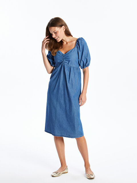 LCWAIKIKI Maternity Kalp Yaka Düz Kısa Kollu Hamile Jean Elbise - S4KC32Z8-507