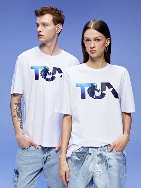 TUA Bisiklet Yaka TUA Baskılı Unisex Penye Tişört - S4KE16Z8-J5E