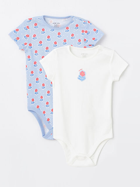 LCW baby Crew Neck Printed Baby Girl Bodysuit With Snap Fastener 2 Pieces - S4KJ37Z1-FDU