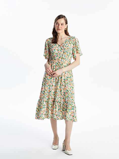 LCWAIKIKI Classic V Yaka Çiçekli Kısa Kollu Kadın Elbise - S4KJ63Z8-SWC