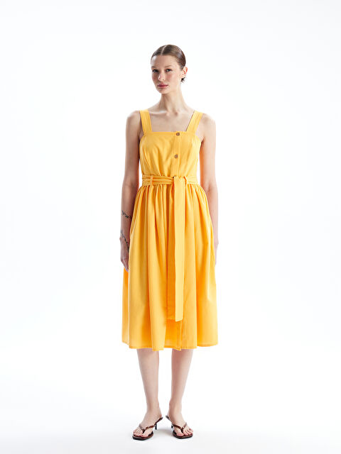 LCW Casual Kare Yaka Düz Askılı Keten Görünümlü Kadın Elbise Anne Kız Kombini - S4KM67Z8-FVD