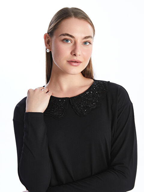 LCWAIKIKI Basic Блузка с воротником Питер Пэн, вышитая, с длинным рукавом, оверсайз, для женщин - S4KN74Z8-CVL