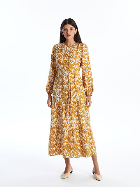 LCW Modest Bisiklet Yaka Desenli Uzun Kollu Elbise - S4KO67Z8-LUE