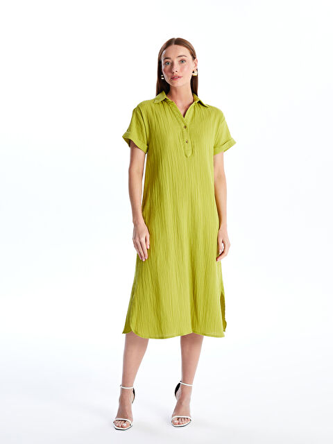 LCWAIKIKI Classic Gömlek Yaka Kendinden Desenli Kısa Kollu Kadın Elbise - S4KR24Z8-KAF