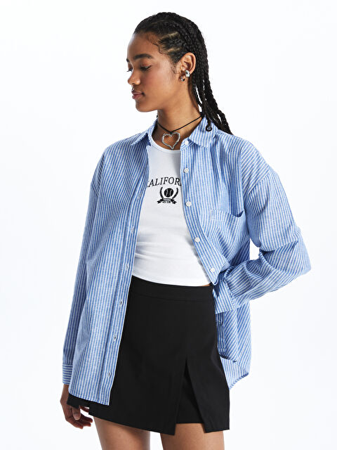 XSIDE Striped Long Sleeve Oversize Linen Blend Women's Shirt - S4KS30Z8-VL5