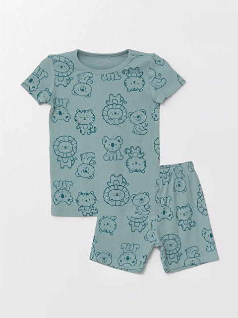 LCW baby Crew Neck Printed Short Sleeve Baby Boys' Shorts Pyjama Set - S4KU30Z1-LRN