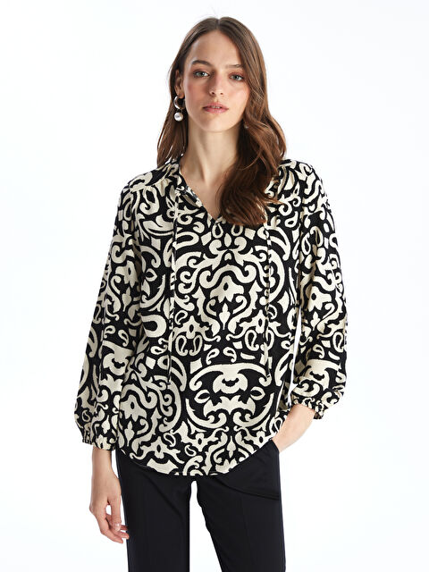 LCWAIKIKI Classic Tie Neck Patterned Long Sleeve Oversize Women's Blouse - S4KV03Z8-LQJ